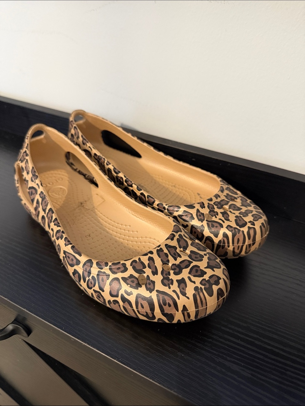 CROCS Leopard Print Ballet Flats - Tan & Black